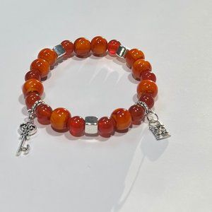 Homemade Orange & Silver Lock with Key Charm Beaded Bracelet